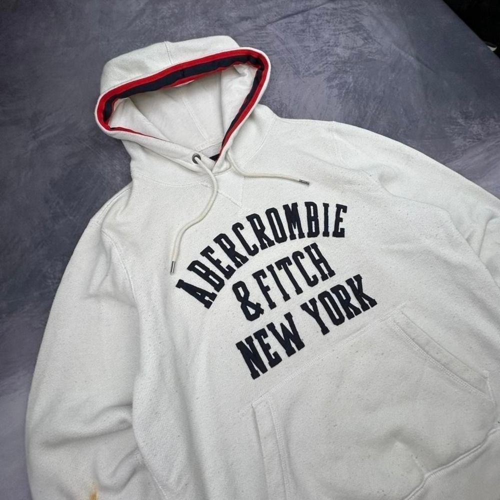 Abercrombie & Fitch New York Hoodie White Pullover Spell Out Logo Sweatshirt - Picture 2 of 6